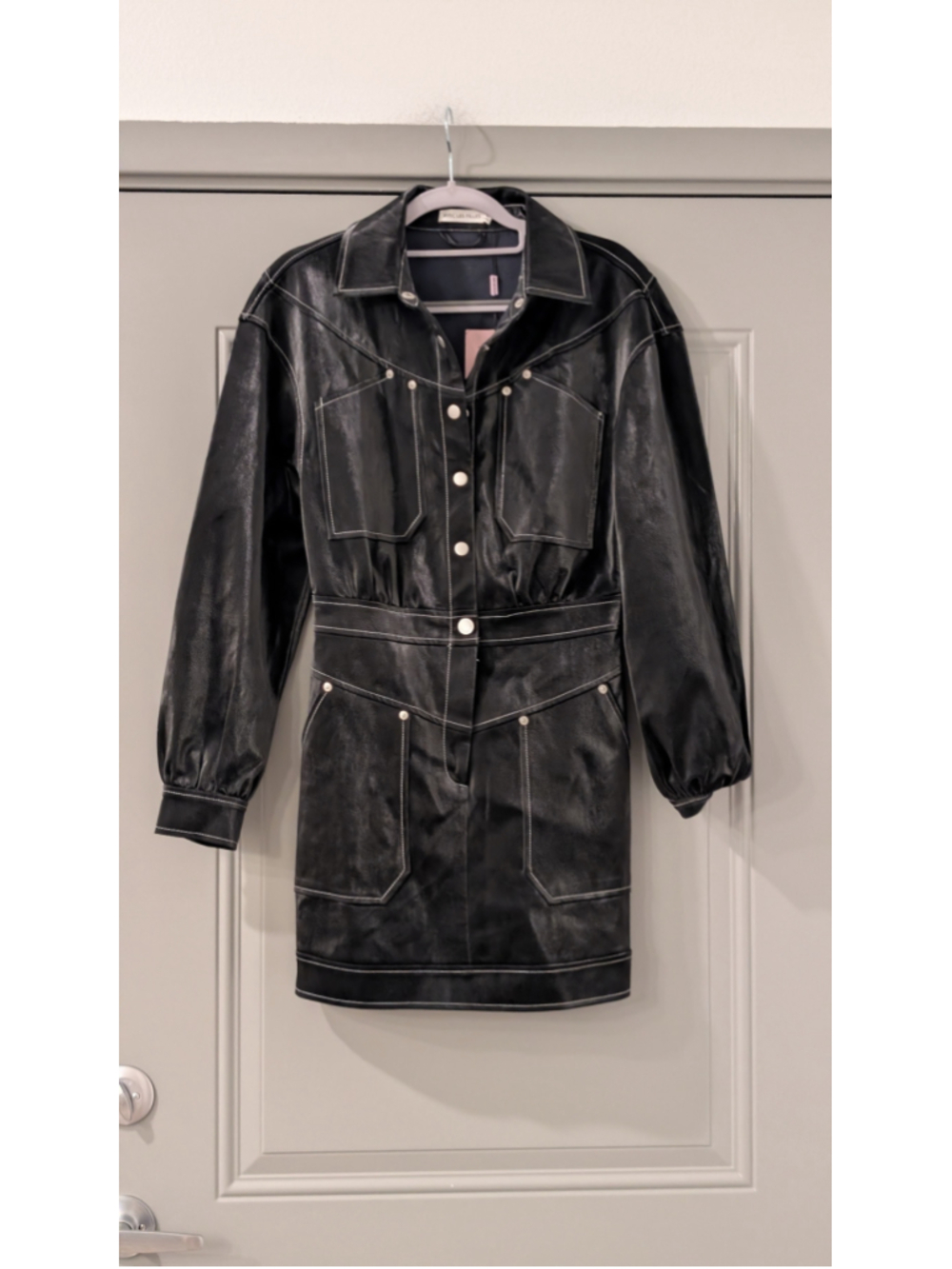 Avec Les Filles Black Faux Leather Utility Western Mini Dress Size 4